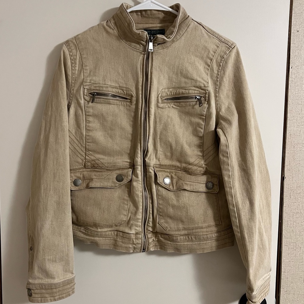 Lauren Jeans Company Full Zip Khaki Tan utility Denim Moto Biker Jean Jacket 12